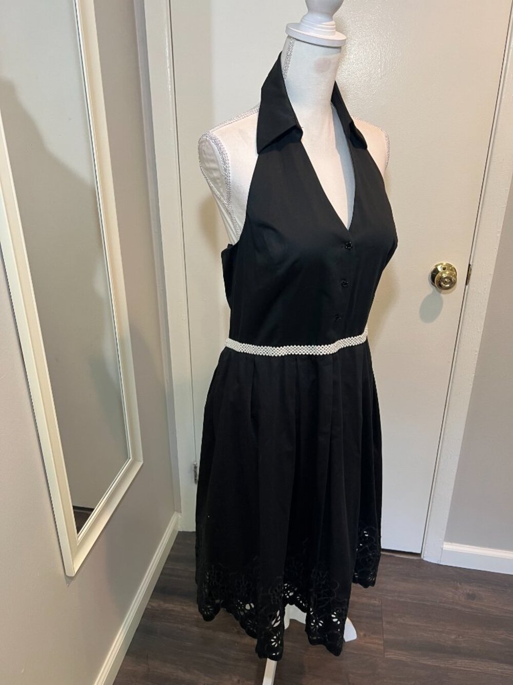 Vintage Black Halter Fit and Flare Dress with Pearl waistband, Size Large? - Picture 7 of 16